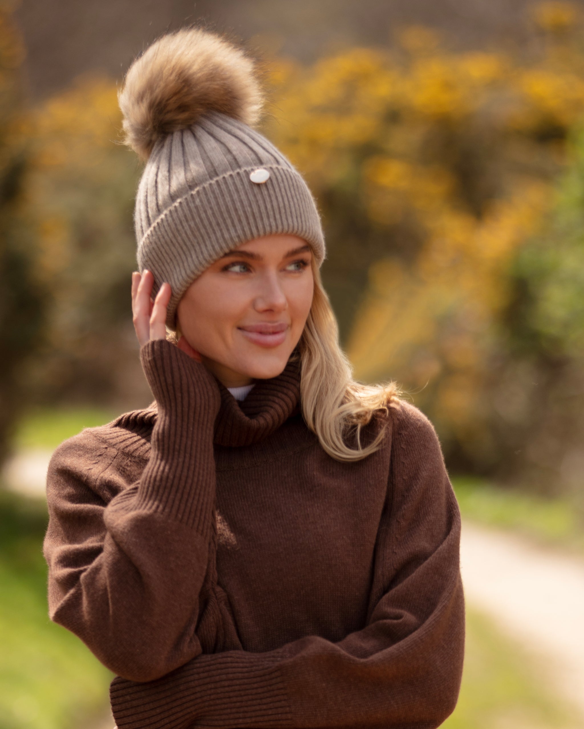 Adults Soft Fawn Angora Beanie Hat with Natural Pom – Popski London