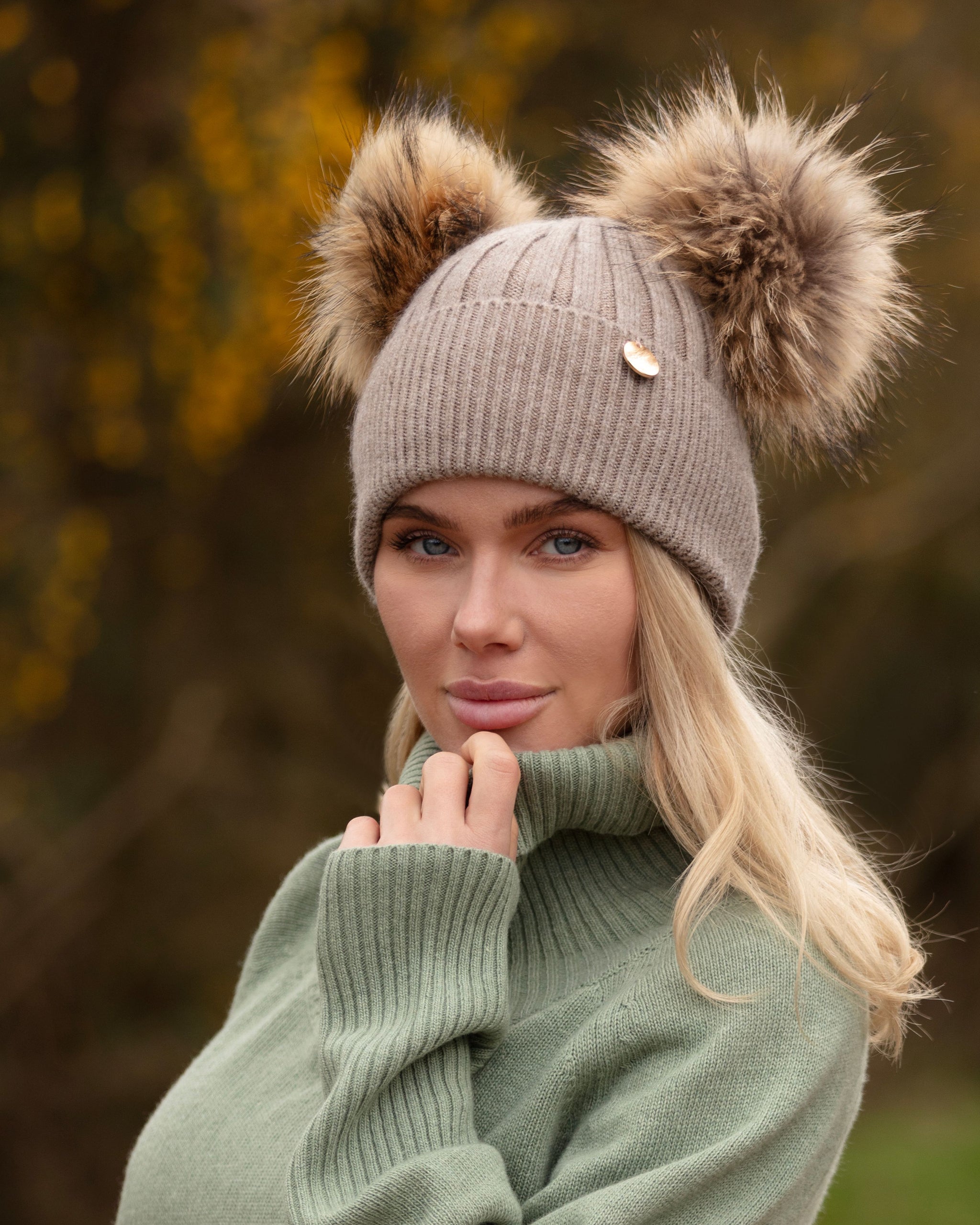 Adults Double Soft Fawn Angora Beanie with matching poms – Popski