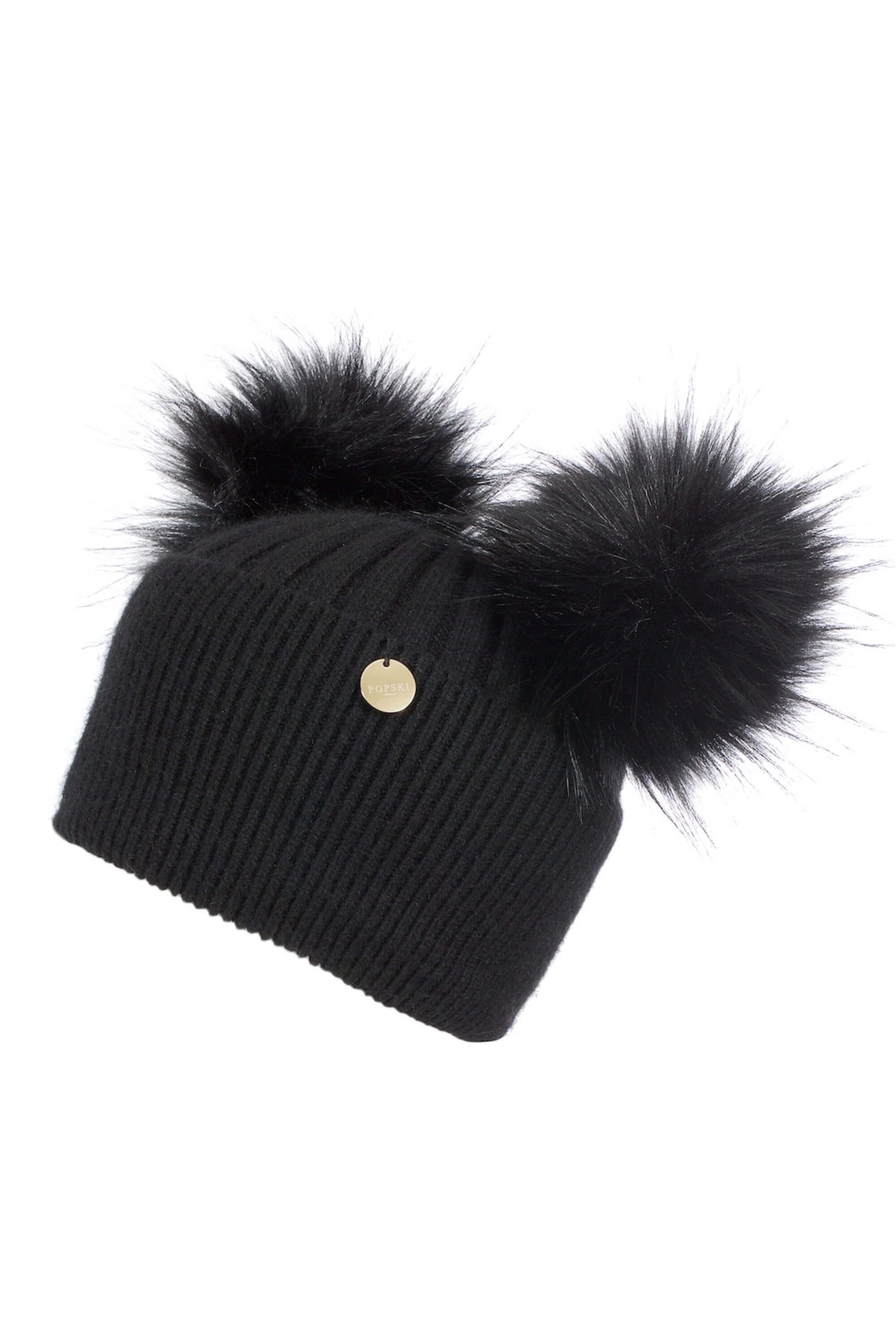 Adults Double Black Angora Beanie with matching Poms – Popski London